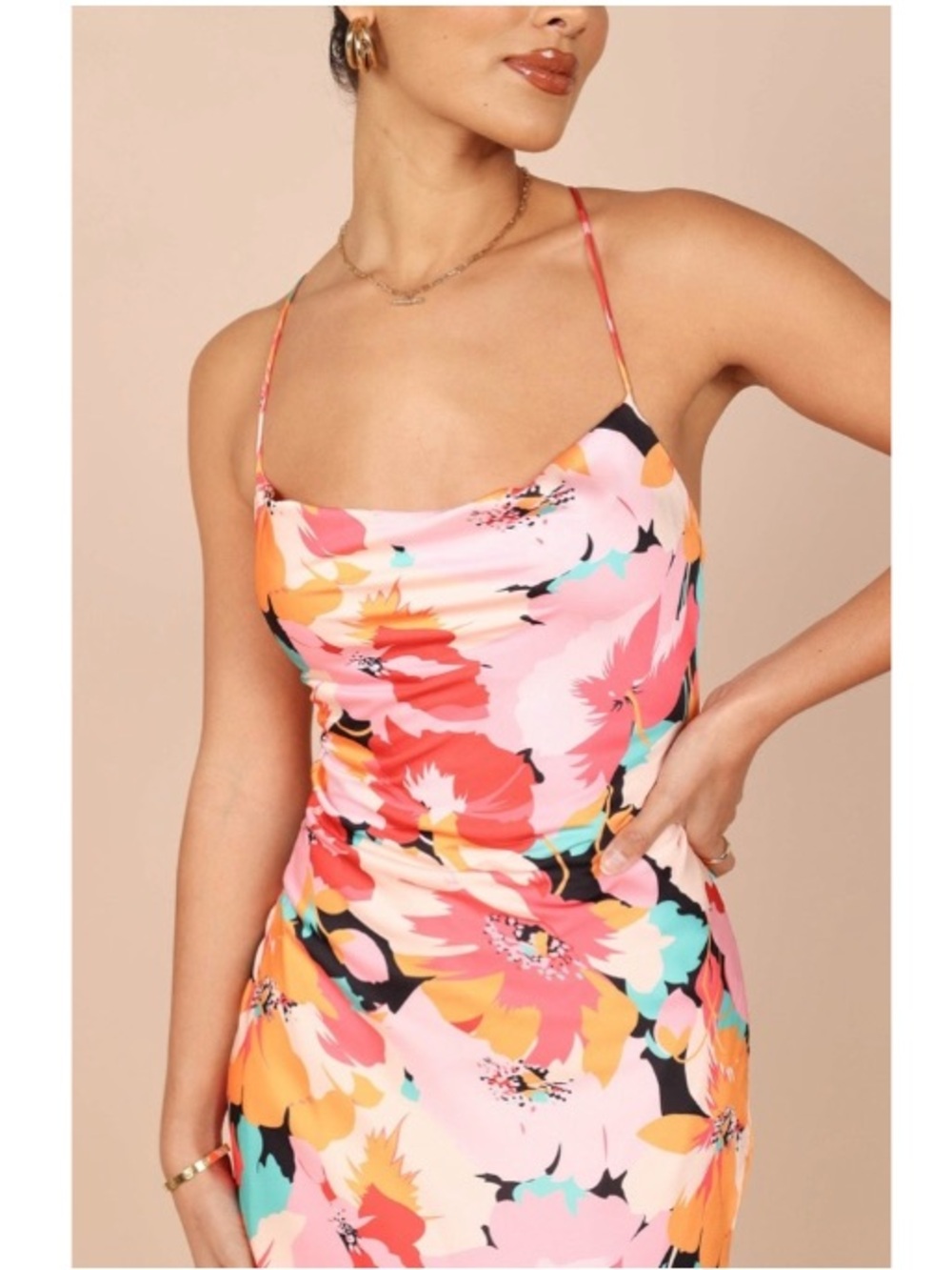 Petal & Pup Floral Satin Posse Cowl Neck Midi Slip Dress Pink Medium - Picture 3 of 9